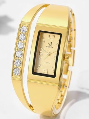 Anthropologie Gold-Tone Crystal Accent Bangle Watch